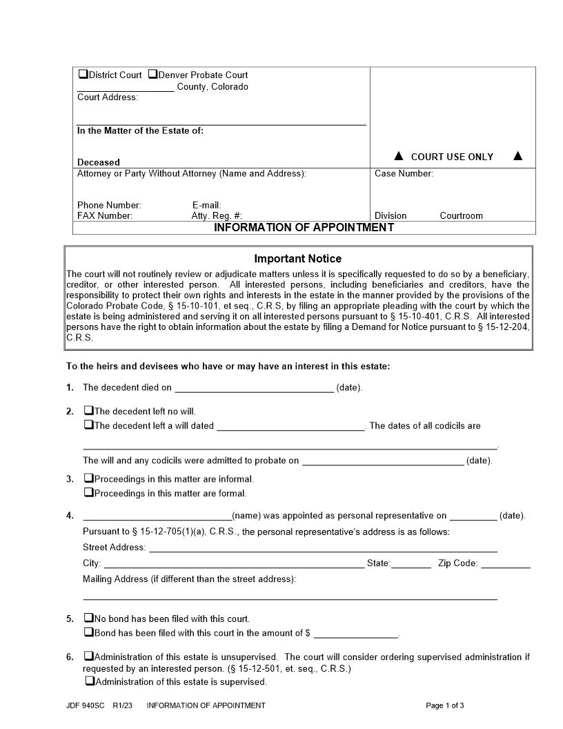 Information Of Appointment {JDF 940SC} | Pdf Fpdf Docx | Colorado