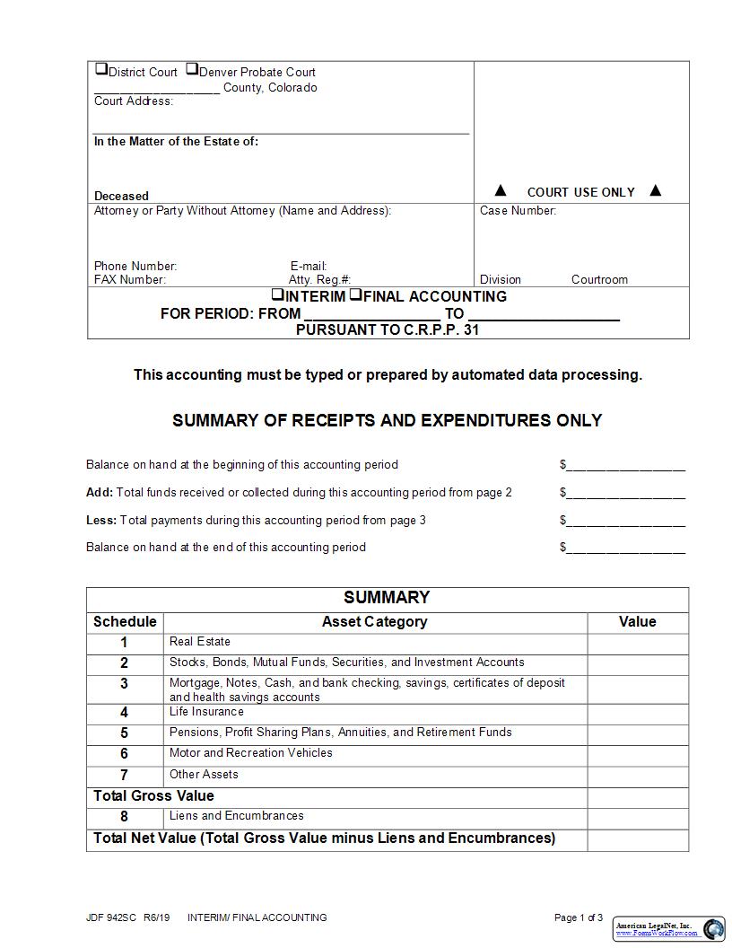 Interim Or Final Accounting {JDF 942SC} | Pdf Fpdf Docx | Colorado