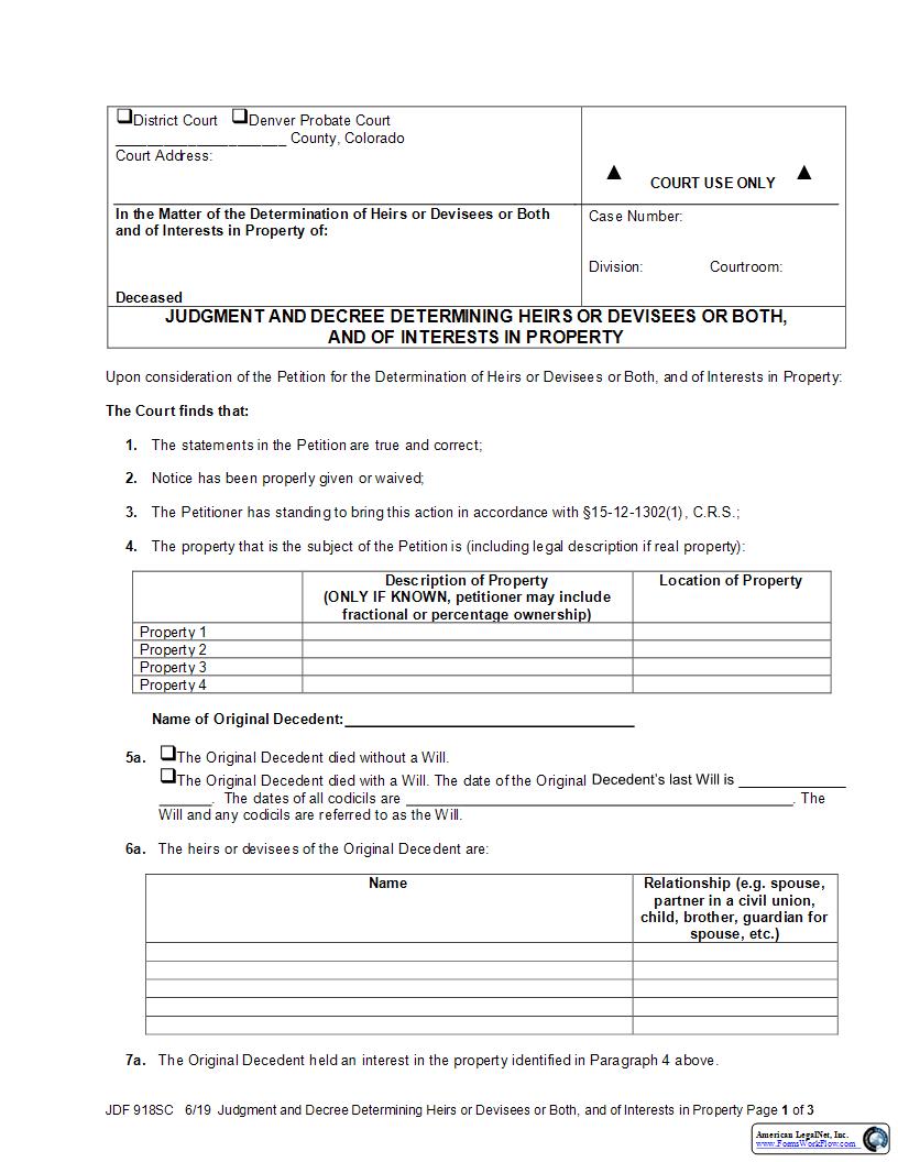 Judgment And Decree Determining Heirs Or Devisees {JDF 918SC} | Pdf Fpdf Docx | Colorado