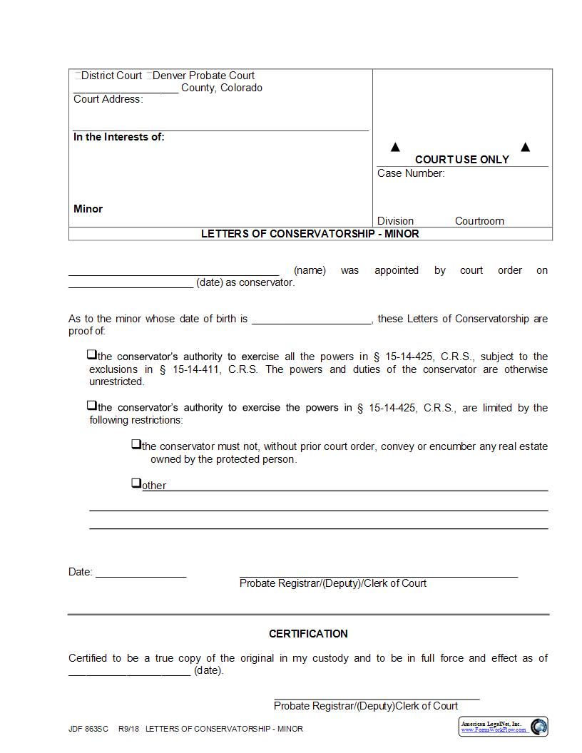 Letters Of Conservatorship Minor {JDF 863SC} | Pdf Fpdf Docx | Colorado