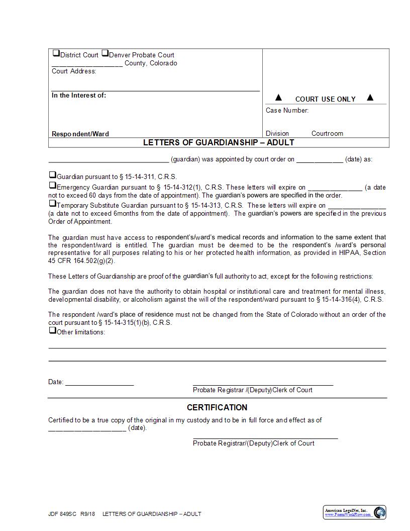 Letters Of Guardianship Adult  {JDF 849SC} | Pdf Fpdf Docx | Colorado