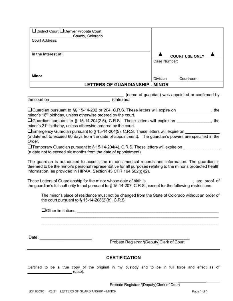 Letters Of Guardianship Minor {JDF 830SC} | Pdf Fpdf Docx | Colorado