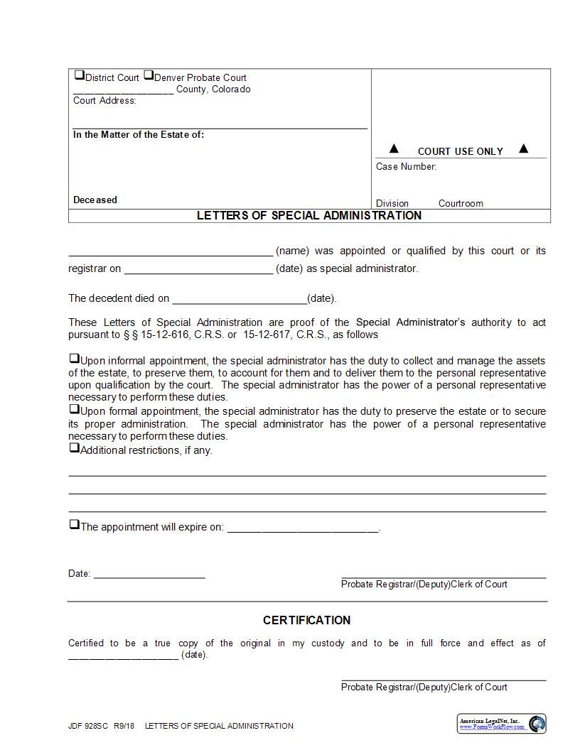 Letters Of Special Administration {JDF 928SC} | Pdf Fpdf Docx | Colorado