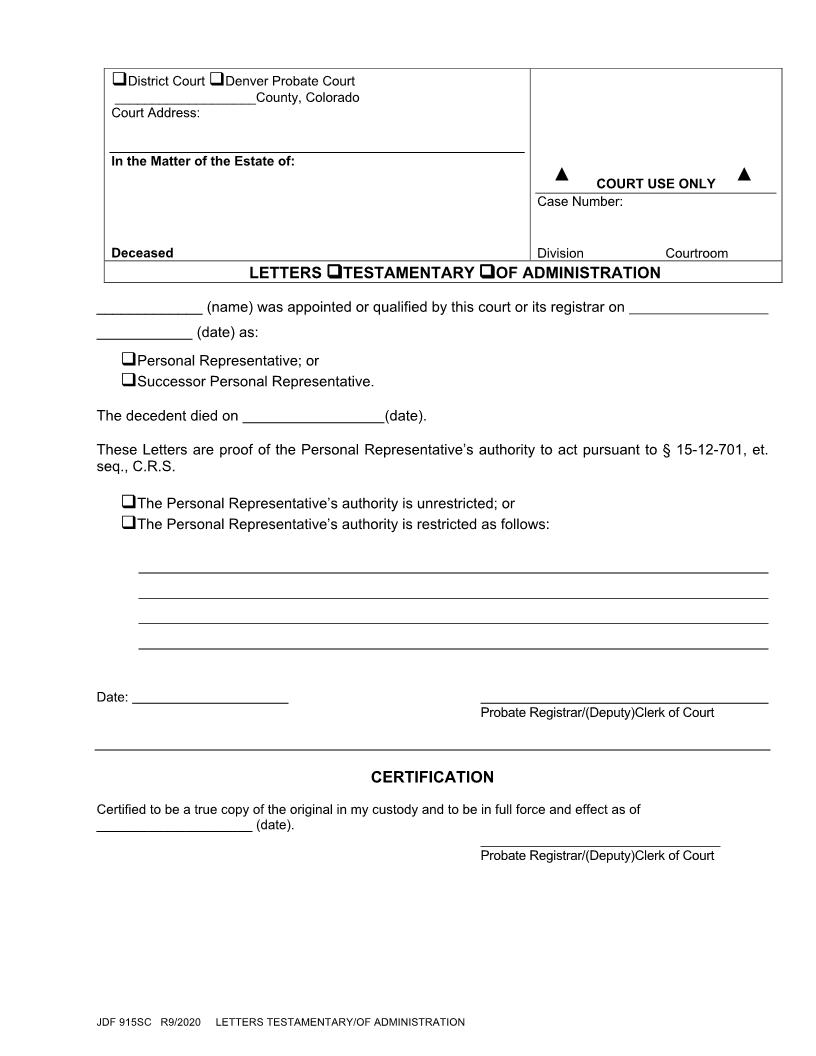 Letters Testamentatry Or Of Administration {JDF 915SC} | Pdf Fpdf Docx | Colorado