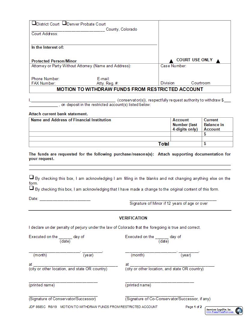 Motion To Withdraw Funds From Restricted Account {JDF 868SC} | Pdf Fpdf Docx | Colorado