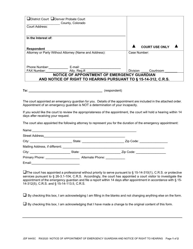 Notice Of Appointment Of Emergency Guardian {JDF 844SC} | Pdf Fpdf Docx | Colorado