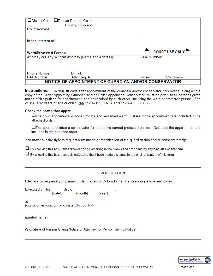 Notice Of Appointment Of Guardian And Or Conservator {JDF 812SC} | Pdf Fpdf Docx | Colorado