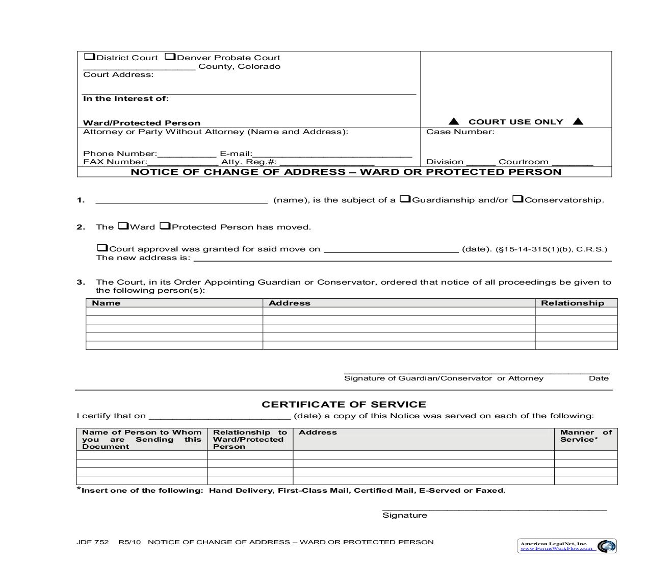 Notice Of Change Of Address - Ward Or Protected Person {JDF 752} | Pdf Fpdf Doc Docx | Colorado