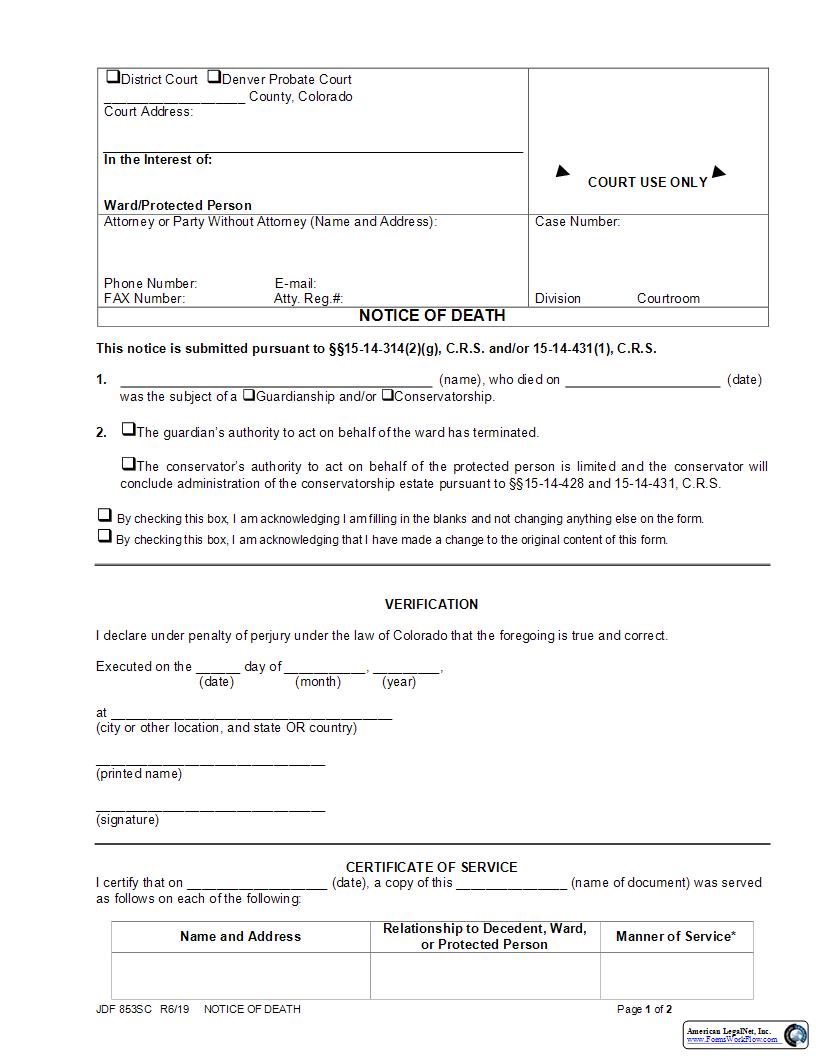 Notice Of Death {JDF 853SC} | Pdf Fpdf Docx | Colorado
