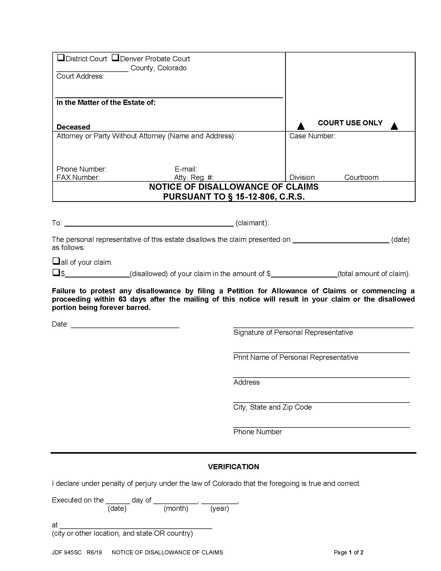Notice Of Disallowance Of Claim {JDF 945SC} | Pdf Fpdf Docx | Colorado