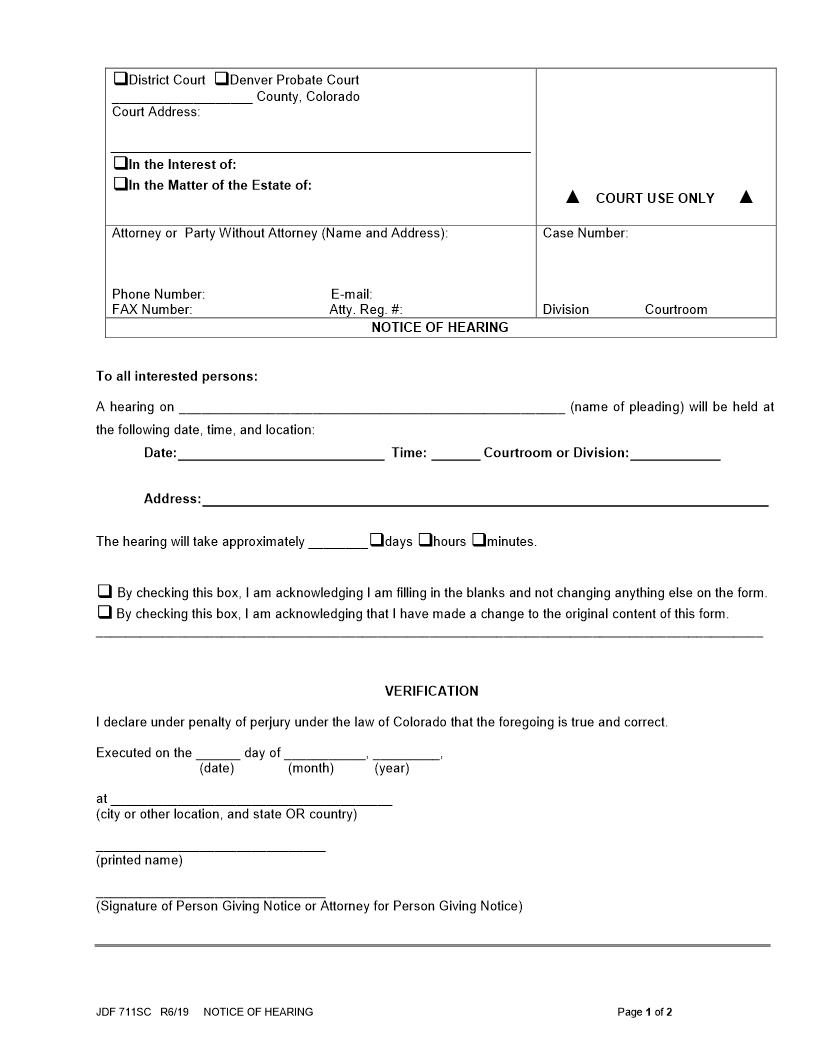 Notice Of Hearing {JDF 711SC} | Pdf Fpdf Docx | Colorado