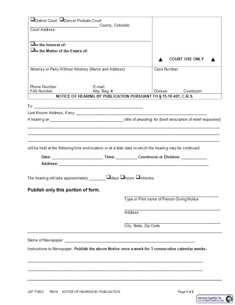 Notice Of Hearing By Publication {JDF 716SC} | Pdf Fpdf Docx | Colorado