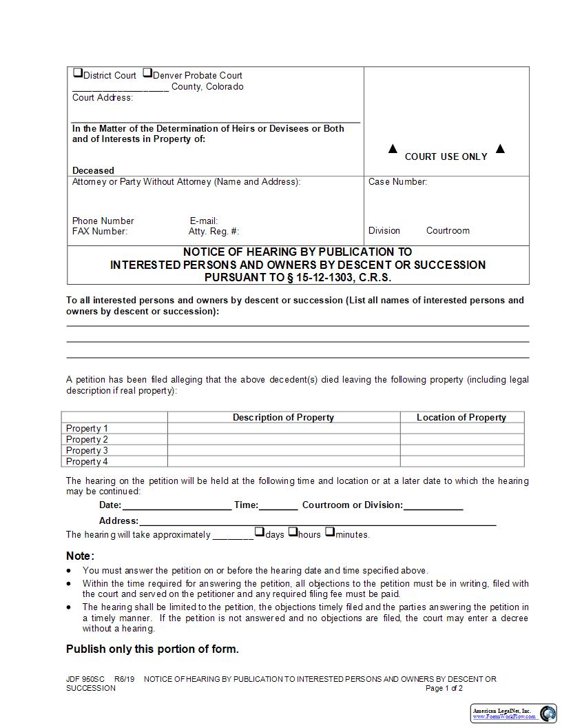 Notice Of Hearing By Publication Interested Persons And Owners By Inheritance {JDF 950SC} | Pdf Fpdf Docx | Colorado