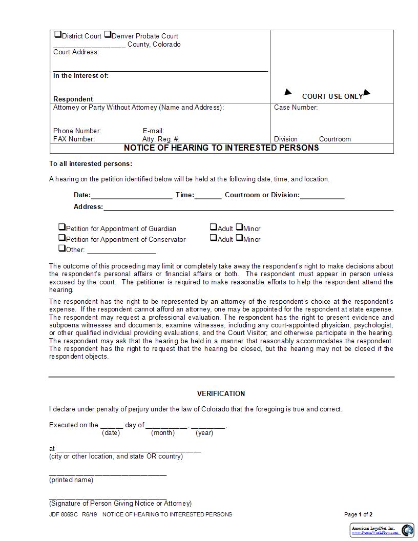 Notice Of Hearing To Interested Persons {JDF 806SC} | Pdf Fpdf Docx | Colorado