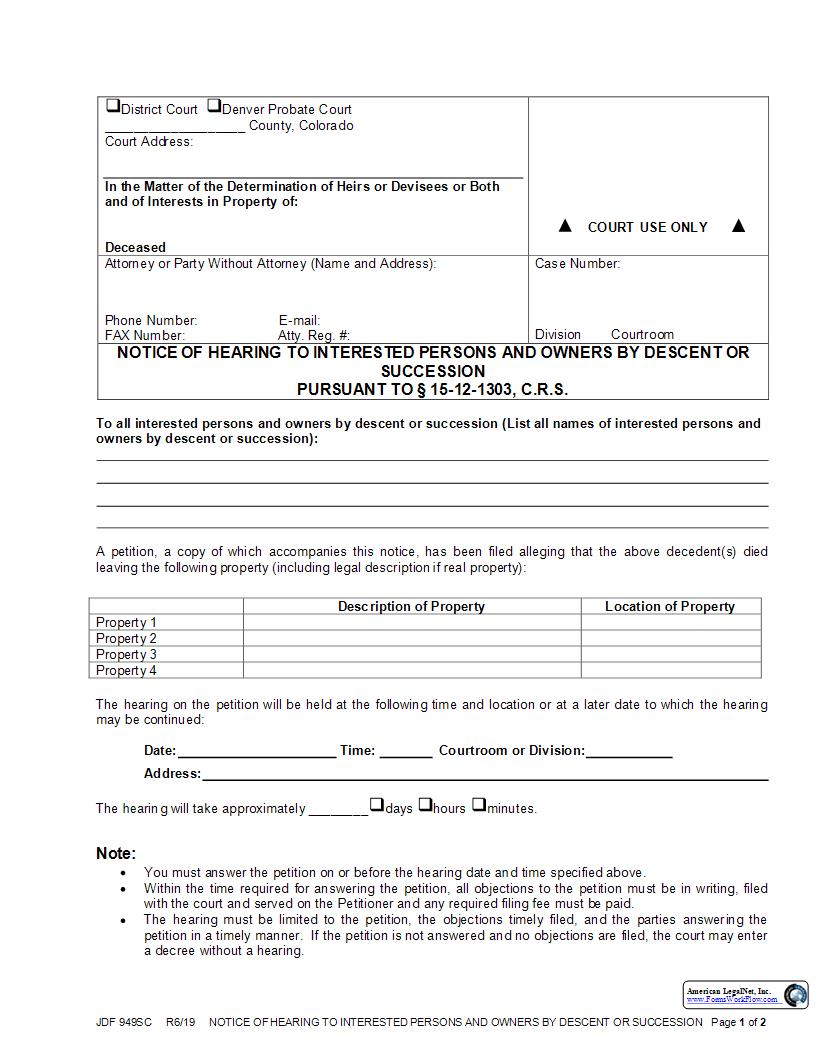 Notice Of Hearing To Interested Persons And Owners By Inheritance {JDF 949SC} | Pdf Fpdf Docx | Colorado