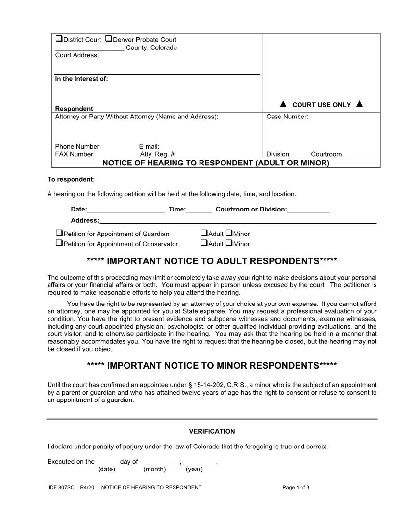 Notice Of Hearing To Respondent {JDF 807SC} | Pdf Fpdf Docx | Colorado