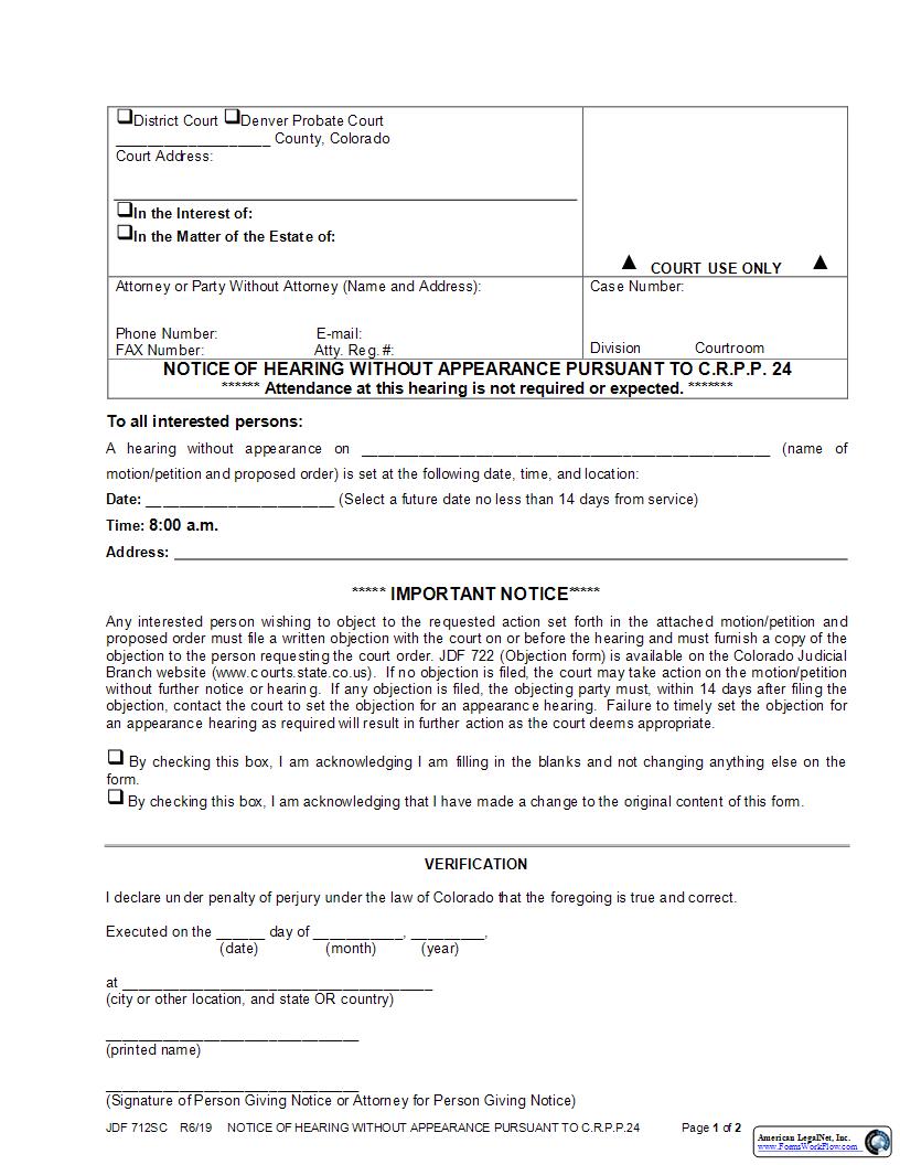 Notice Of Hearing Without Appearance {JDF 712SC} | Pdf Fpdf Docx | Colorado