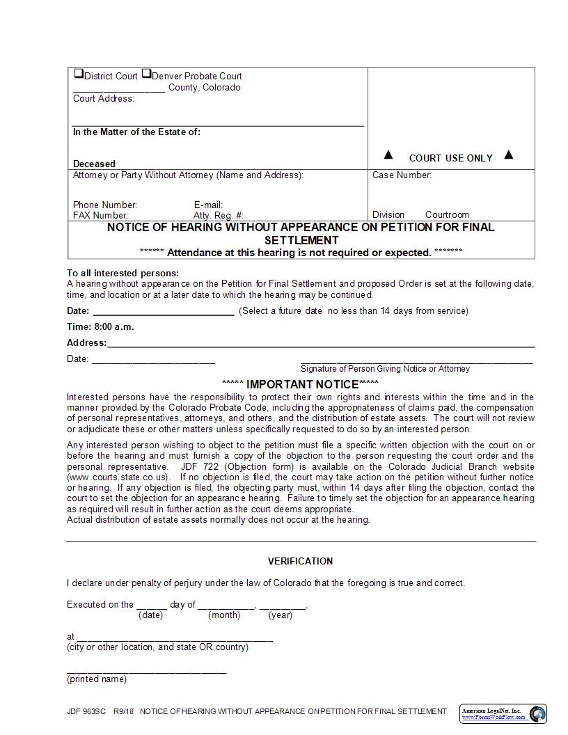 Notice Of Non Appearance Hearing On Petition For Final Settlement {JDF 963SC} | Pdf Fpdf Docx | Colorado