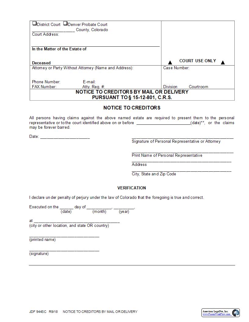 Notice To Creditors By Mail Or Delivery {JDF 944SC} | Pdf Fpdf Docx | Colorado