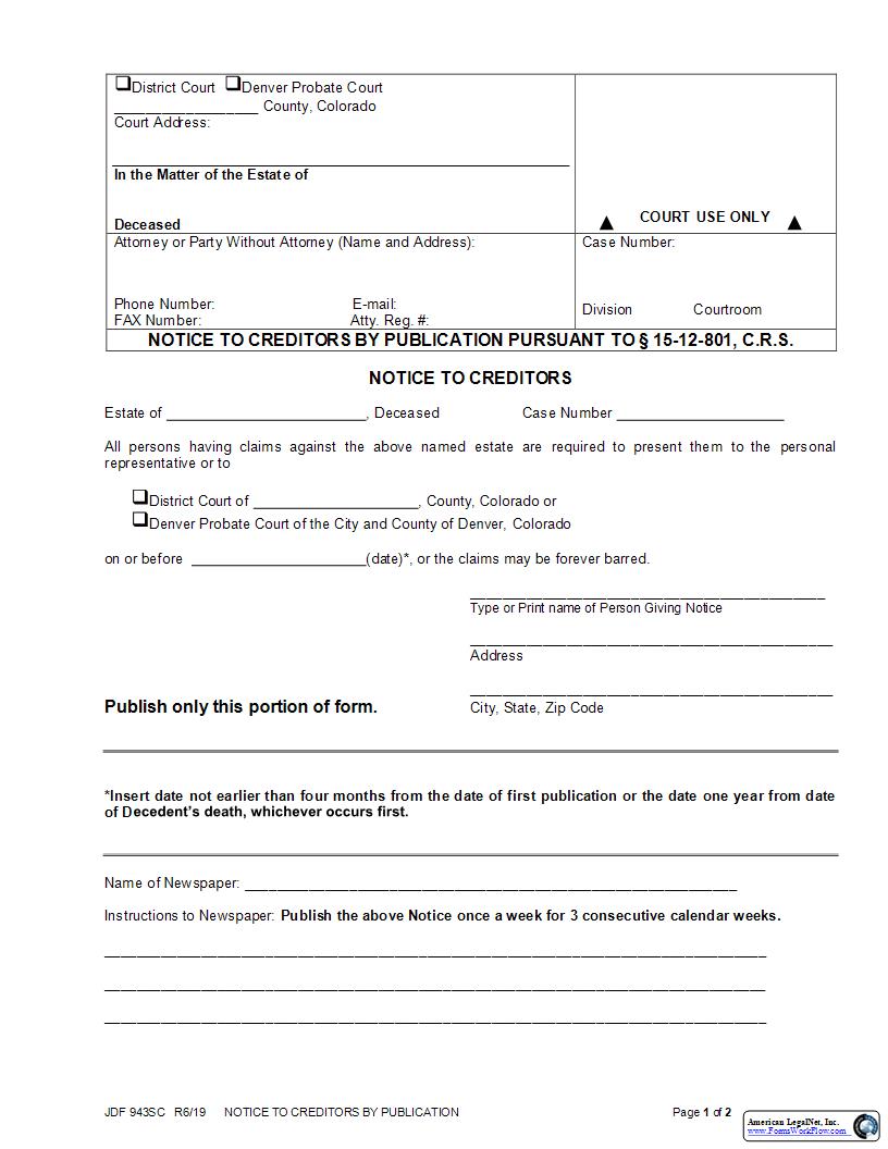 Notice To Creditors By Publication {JDF 943SC} | Pdf Fpdf Docx | Colorado