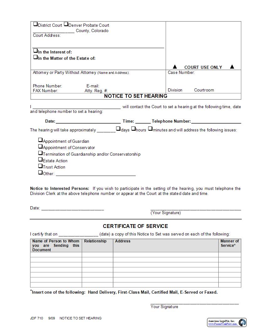 Notice To Set Hearing {JDF 710} | Pdf Fpdf Docx | Colorado