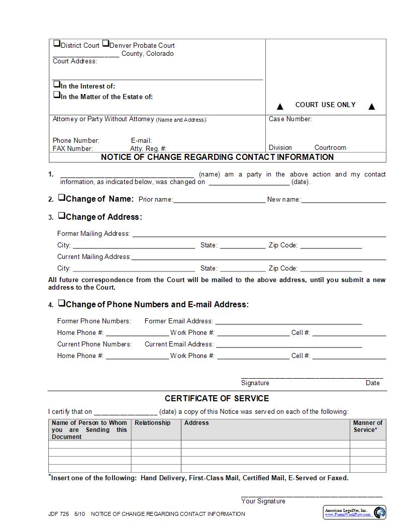 Notice of Change Regarding Contact Information {JDF 725} | Pdf Fpdf Docx | Colorado
