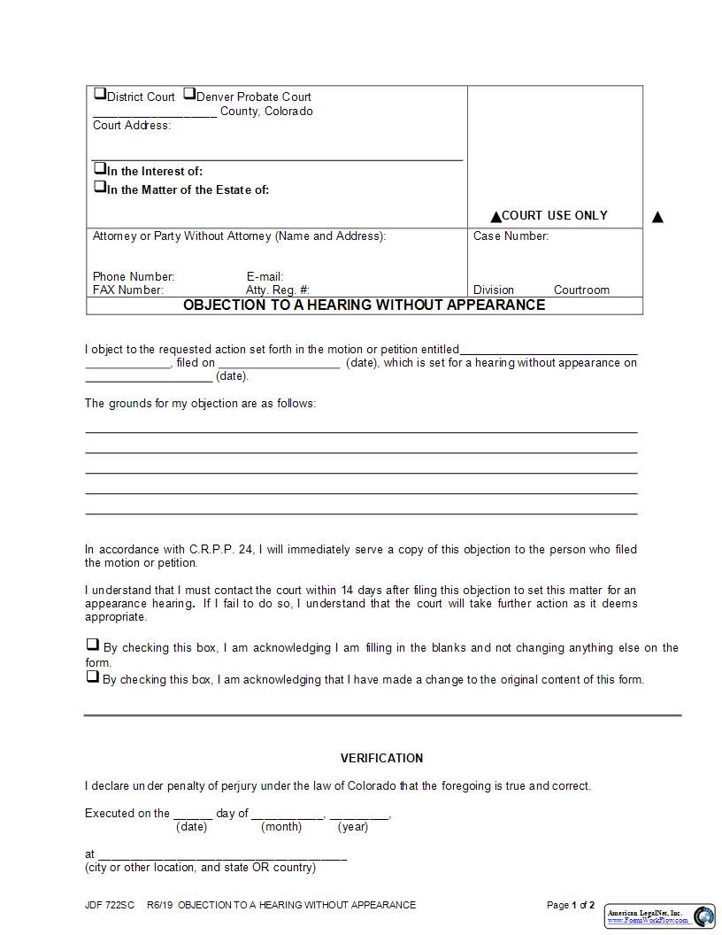 Objection To Hearing Without Appearance {JDF 722SC} | Pdf Fpdf Docx | Colorado