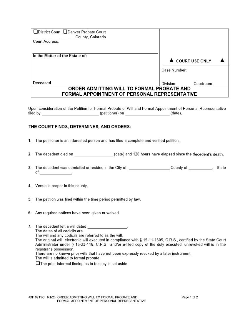Order Admitting Will To Formal Probate And Appointment Of Personal Representative {JDF 921SC} | Pdf Fpdf Docx | Colorado