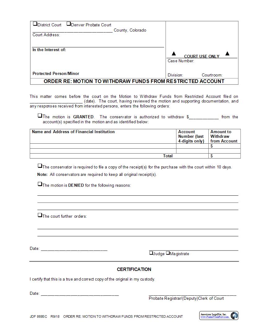 Order Allowing Withdraw Of Funds From Restricted Account {JDF 869SC} | Pdf Fpdf Docx | Colorado
