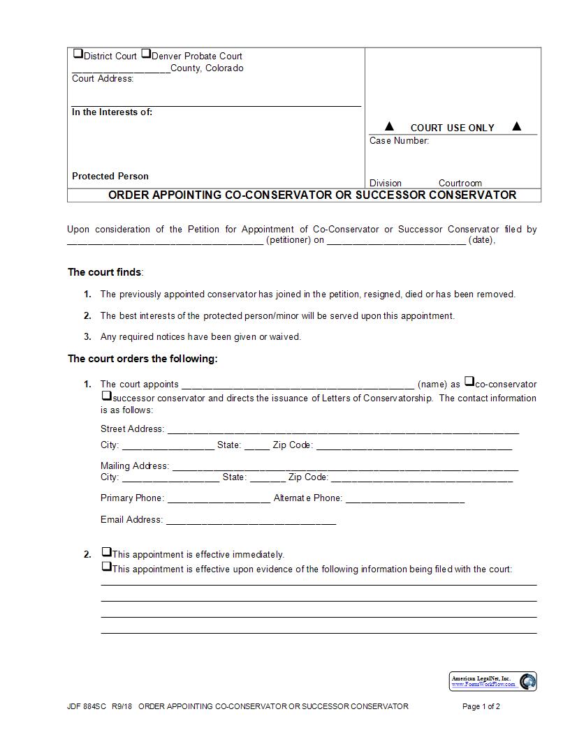 Order Appointing CoConservator Or Successor Conservator {JDF 884SC} | Pdf Fpdf Docx | Colorado