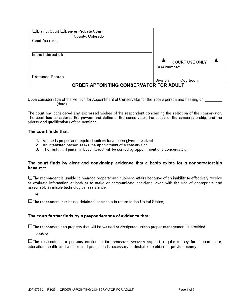 Order Appointing Conservator For Adult {JDF 878SC} | Pdf Fpdf Docx | Colorado