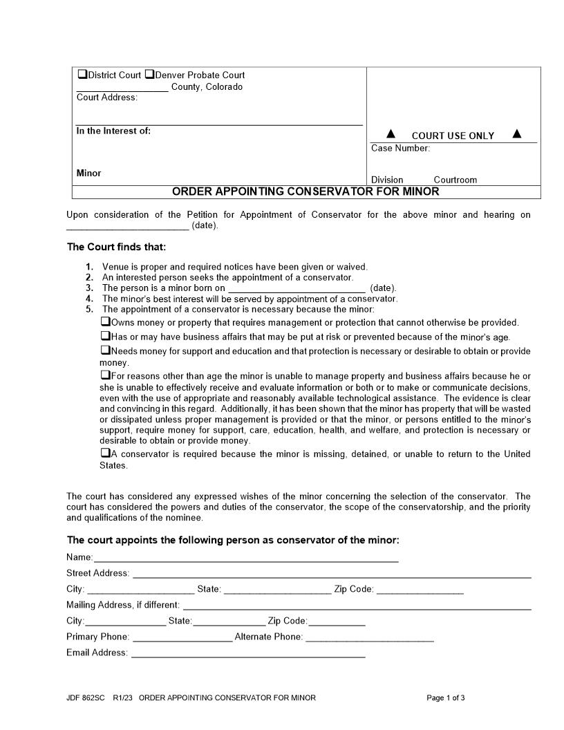 Order Appointing Conservator For Minor {JDF 862SC} | Pdf Fpdf Docx | Colorado