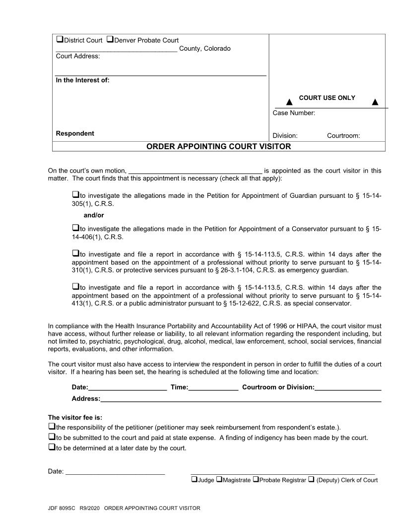 Order Appointing Court Visitor {JDF 809SC} | Pdf Fpdf Docx | Colorado