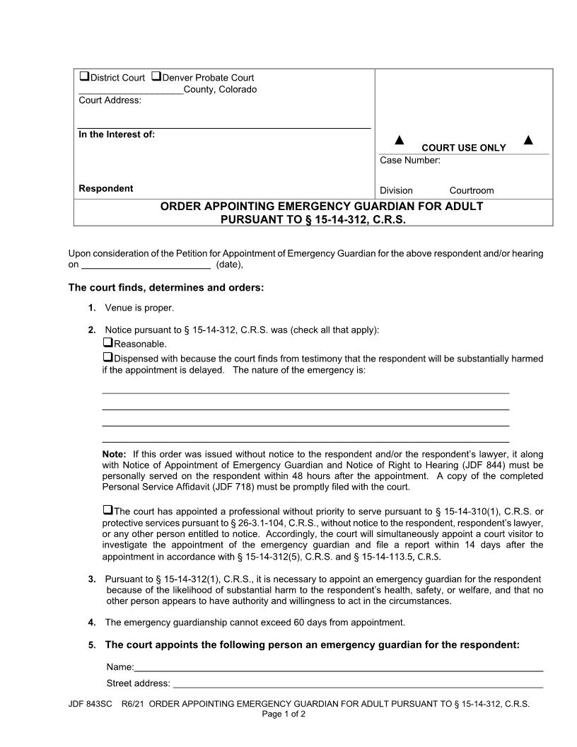 Order Appointing Emergency Guardian For Adult {JDF 843SC} | Pdf Fpdf Docx | Colorado
