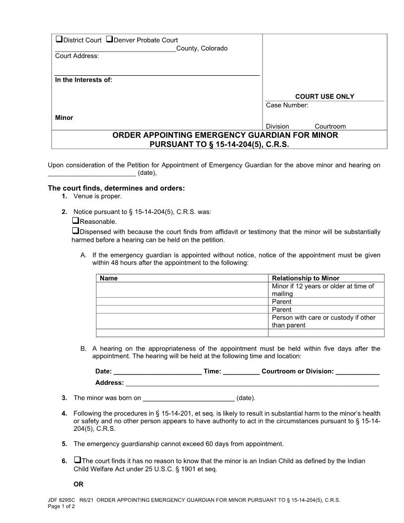 Order Appointing Emergency Guardian For Minor {JDF 829SC} | Pdf Fpdf Docx | Colorado