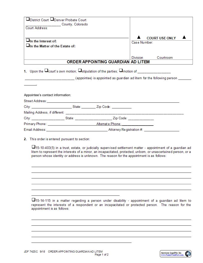 Order Appointing Guardian Ad Litem {JDF 742SC} | Pdf Fpdf Docx | Colorado