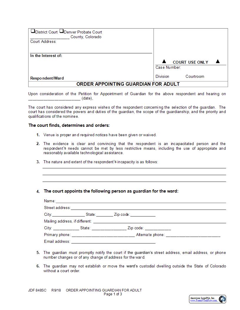 Order Appointing Guardian For Adult {JDF 848SC} | Pdf Fpdf Docx | Colorado