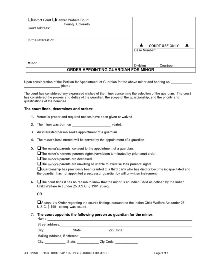 Order Appointing Guardian For Minor {JDF 827SC} | Pdf Fpdf Docx | Colorado