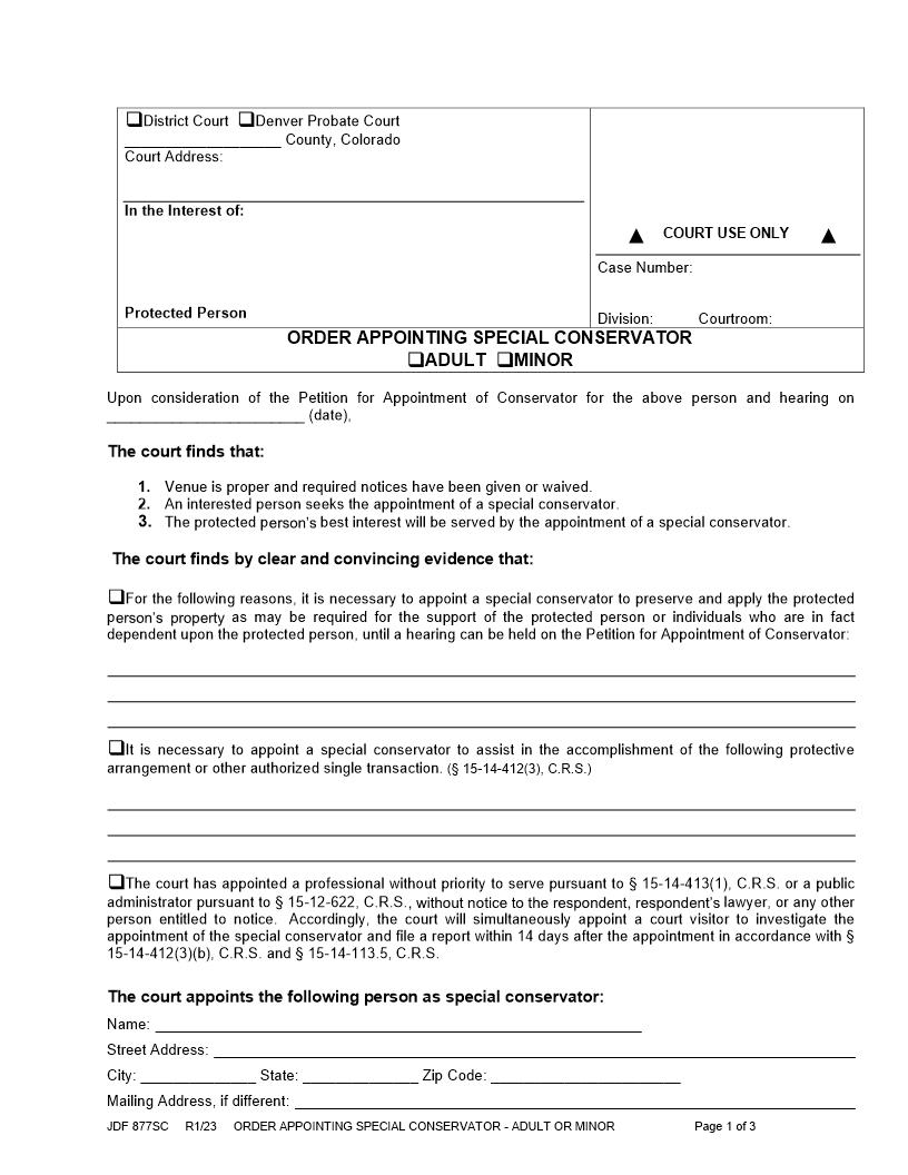 Order Appointing Special Conservator Adult Or Minor {JDF 877SC} | Pdf Fpdf Docx | Colorado