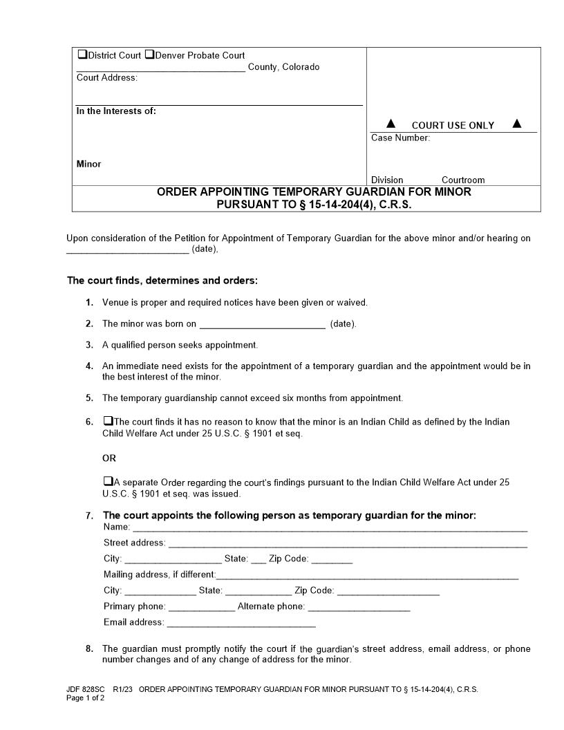 Order Appointing Temporary Guardian For Minor {JDF 828SC} | Pdf Fpdf Docx | Colorado