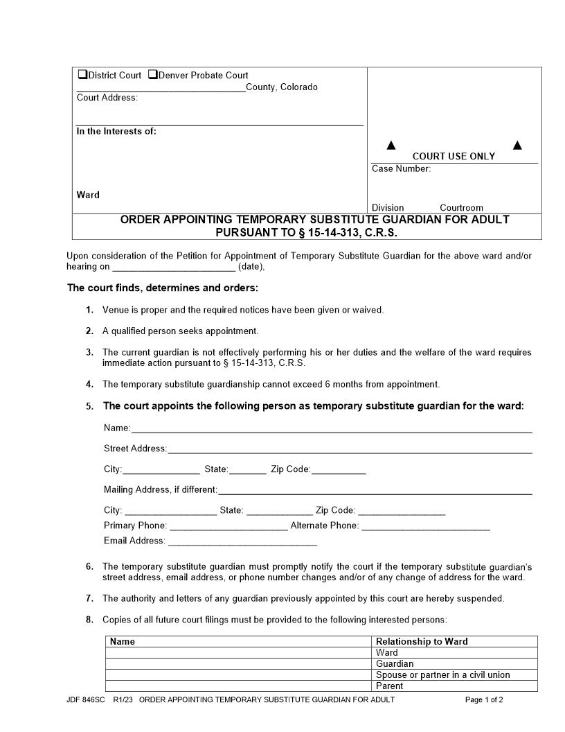 Order Appointing Temporary Substitute Guardian For Adult Pursuant To 15-14-313 C.R.S. {JDF 846} | Pdf Fpdf Doc Docx | Colorado