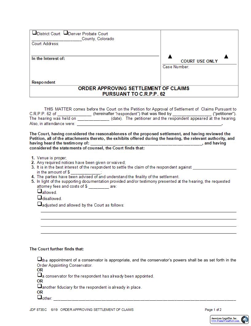Order Approving Settlement Of Claims {JDF 873SC} | Pdf Fpdf Docx | Colorado