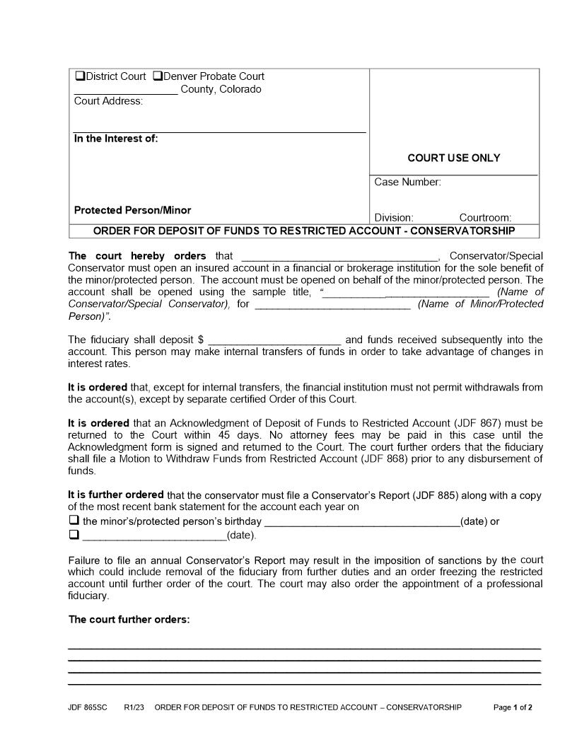 Order For Deposit Of Funds Conservatorship {JDF 865SC} | Pdf Fpdf Docx | Colorado