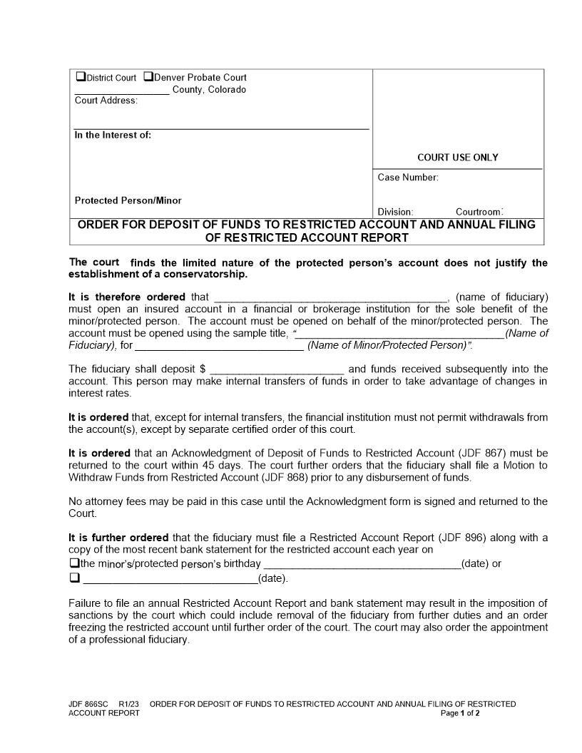 Order For Deposit Of Funds To Restricted Account {JDF 866SC} | Pdf Fpdf Docx | Colorado