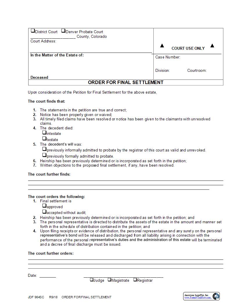 Order For Final Settlement {JDF 964SC} | Pdf Fpdf Docx | Colorado