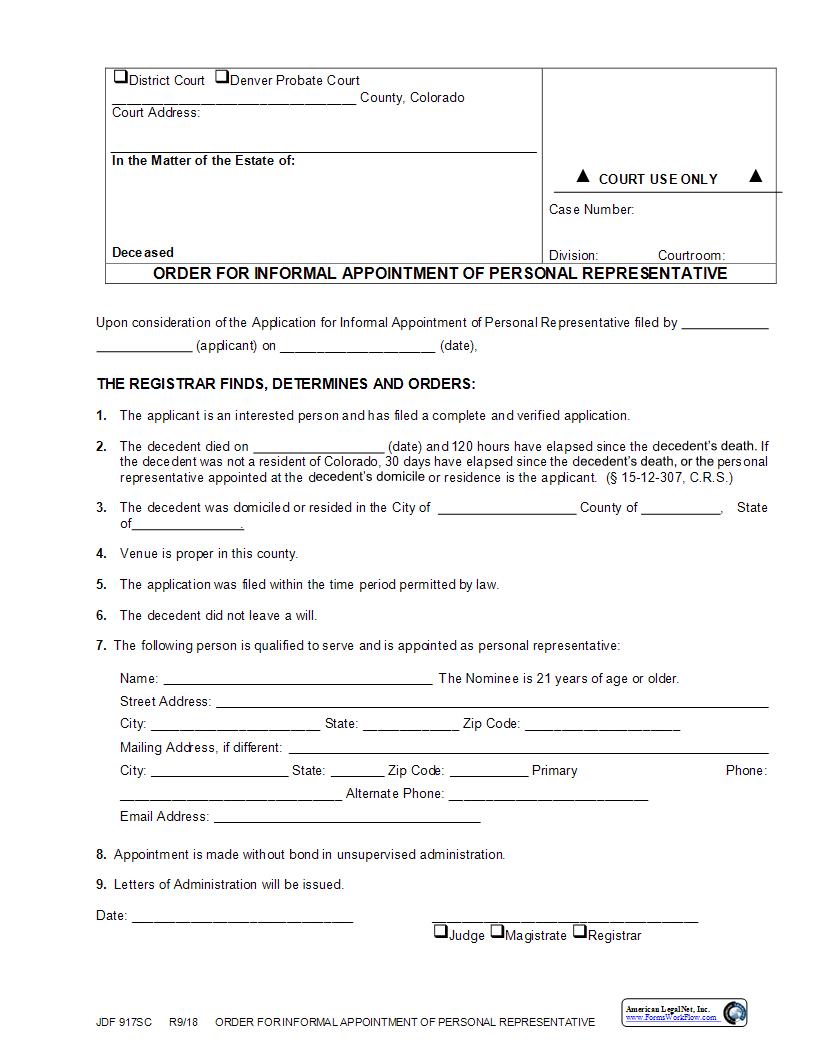 Order For Informal Appointment Of Personal Representative {JDF 917SC} | Pdf Fpdf Docx | Colorado