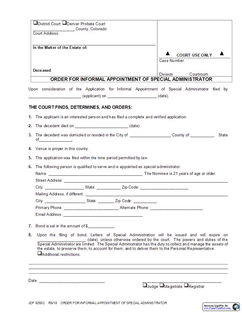 Order For Informal Appointment Of Special Administrator {JDF 925SC} | Pdf Fpdf Docx | Colorado