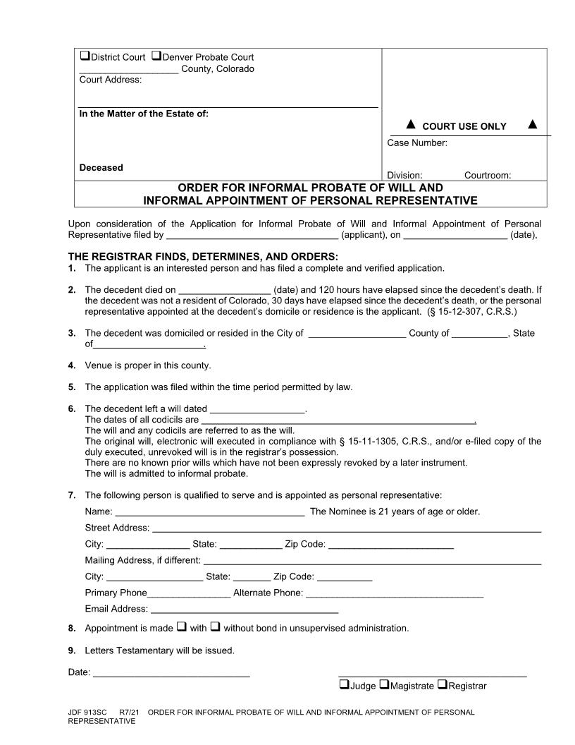 Order For Informal Probate Of Will And Informal Appointment Of Personal Representative {JDF 913SC} | Pdf Fpdf Docx | Colorado