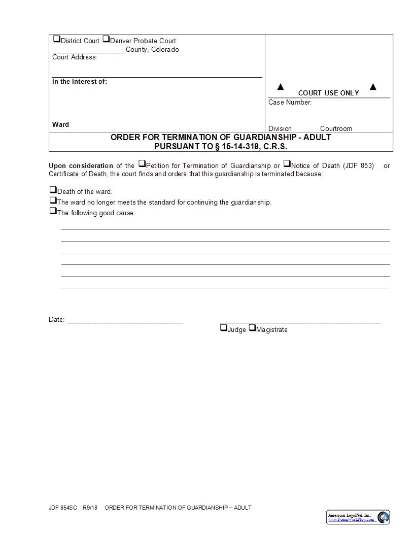 Order For Termination Of Adult Guardianship {JDF 854SC} | Pdf Fpdf Docx | Colorado