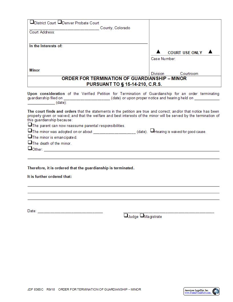 Order For Termination Of Guardianship Ward Or Minor {JDF 836SC} | Pdf Fpdf Docx | Colorado